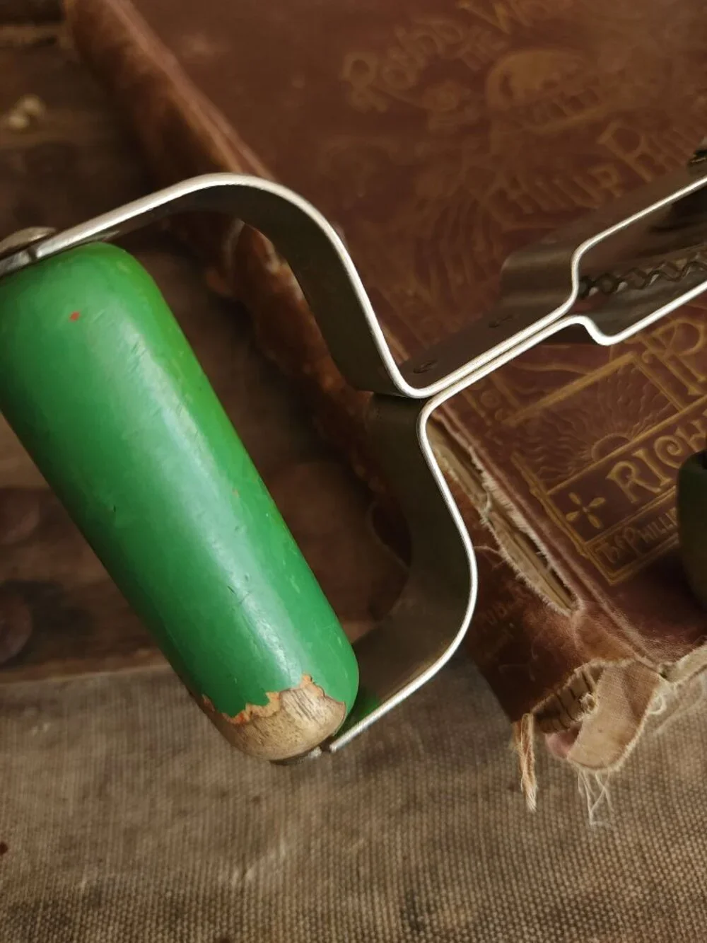 Vintage 190s Hand Mixer, A&J Manual High Speed Egg Beater with Green Wood Handle